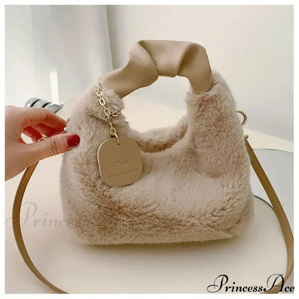 Synthetic Fur Soft Gathered Handle Crossbody Purse Khaki handbag-250126