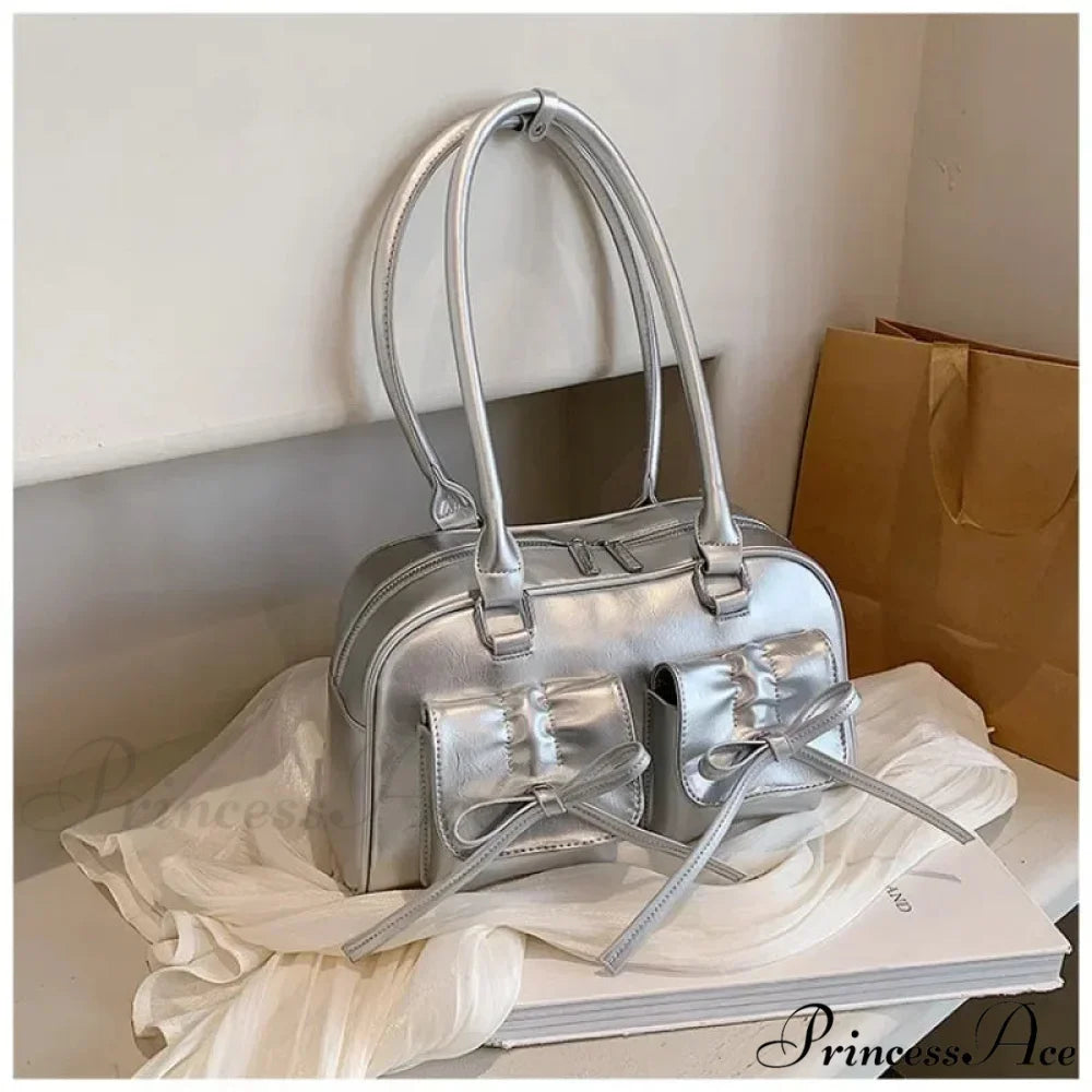 Synthetic Leather Bow Shoulder Purse Silver / 30x17x10cm shoulder-250126