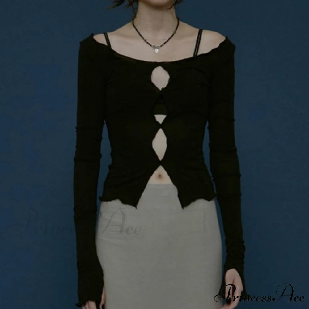 T-Shirt Arm Long for Hollow Top O-Neck Spring Casual Solid Out Women