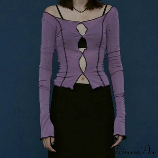 T-Shirt Arm Long for Hollow Top O-Neck Spring Casual Solid Out Women Purple / S
