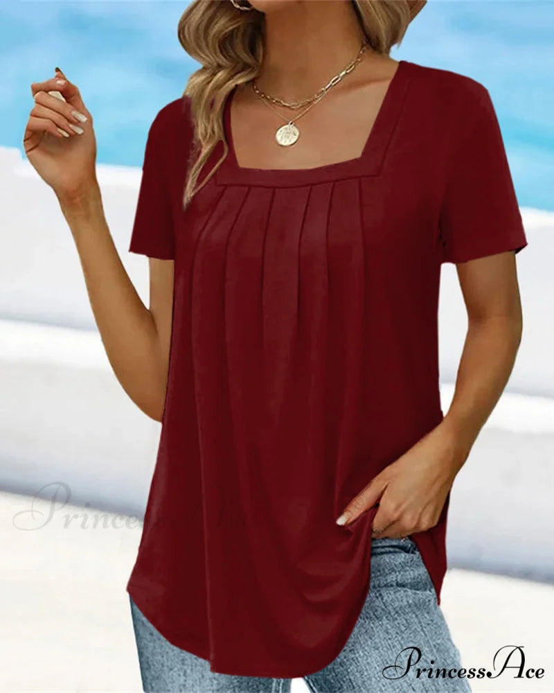 t-shirt color Solid sleeve short with square neck Burgundy / S