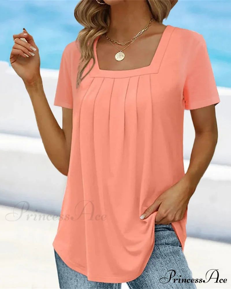 t-shirt color Solid sleeve short with square neck Pink / S