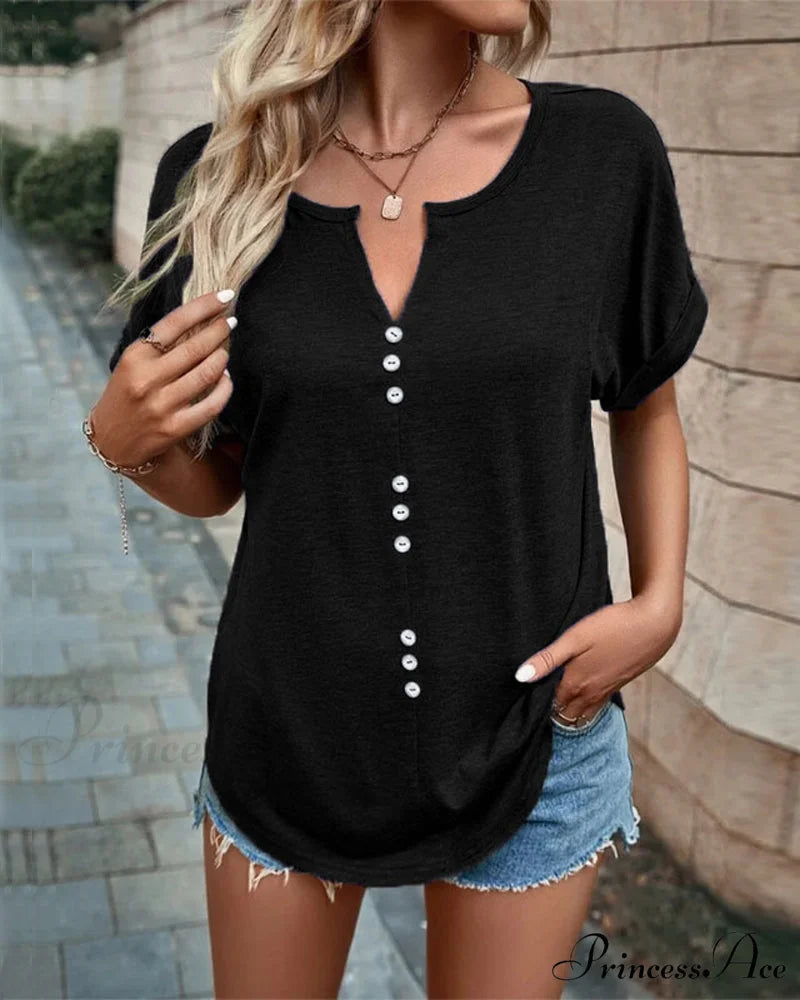 T-shirt Out Hollow - V-neck Brief Sleeves Black / S