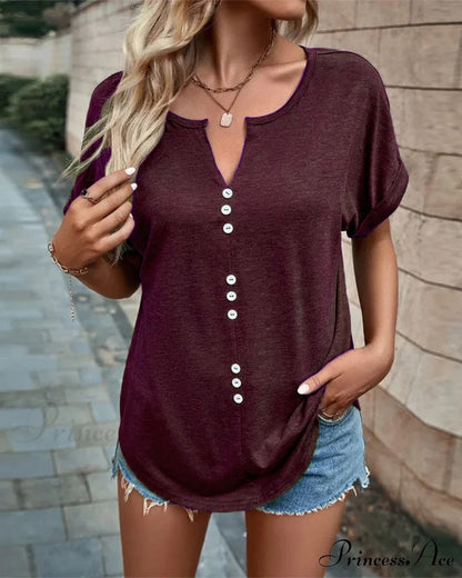 T-shirt Out Hollow - V-neck Brief Sleeves Burgundy / S