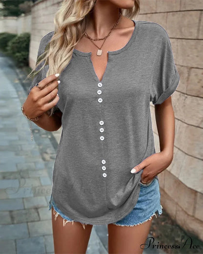 T-shirt Out Hollow - V-neck Brief Sleeves Gray / S