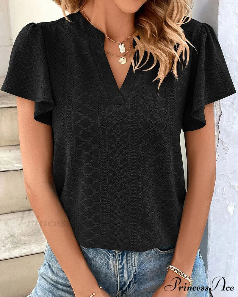 T-shirt Ruffle with V-neck Sleeves Black / S