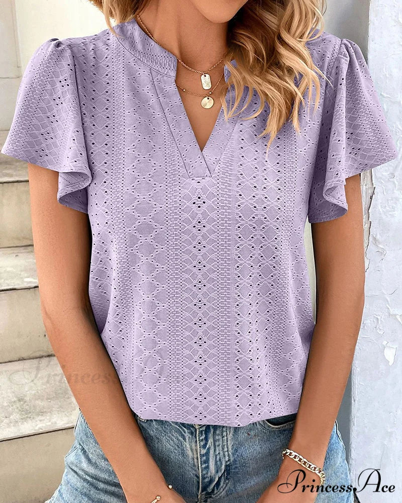 T-shirt Ruffle with V-neck Sleeves Purple / S