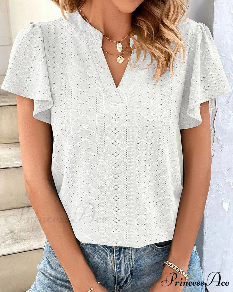 T-shirt Ruffle with V-neck Sleeves White / S