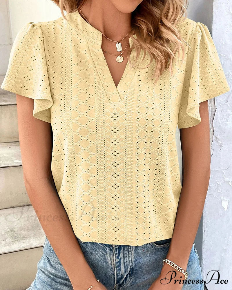 T-shirt Ruffle with V-neck Sleeves Yellow / S