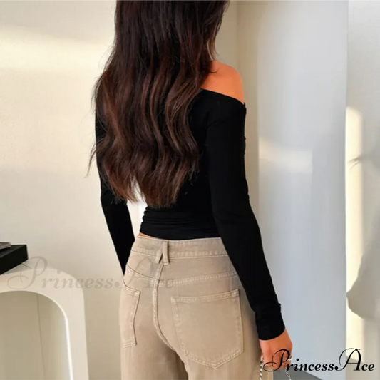 Tailored Style Informal Bateau Neck Off Shoulder Trim Crop Knit Top knittop-250126