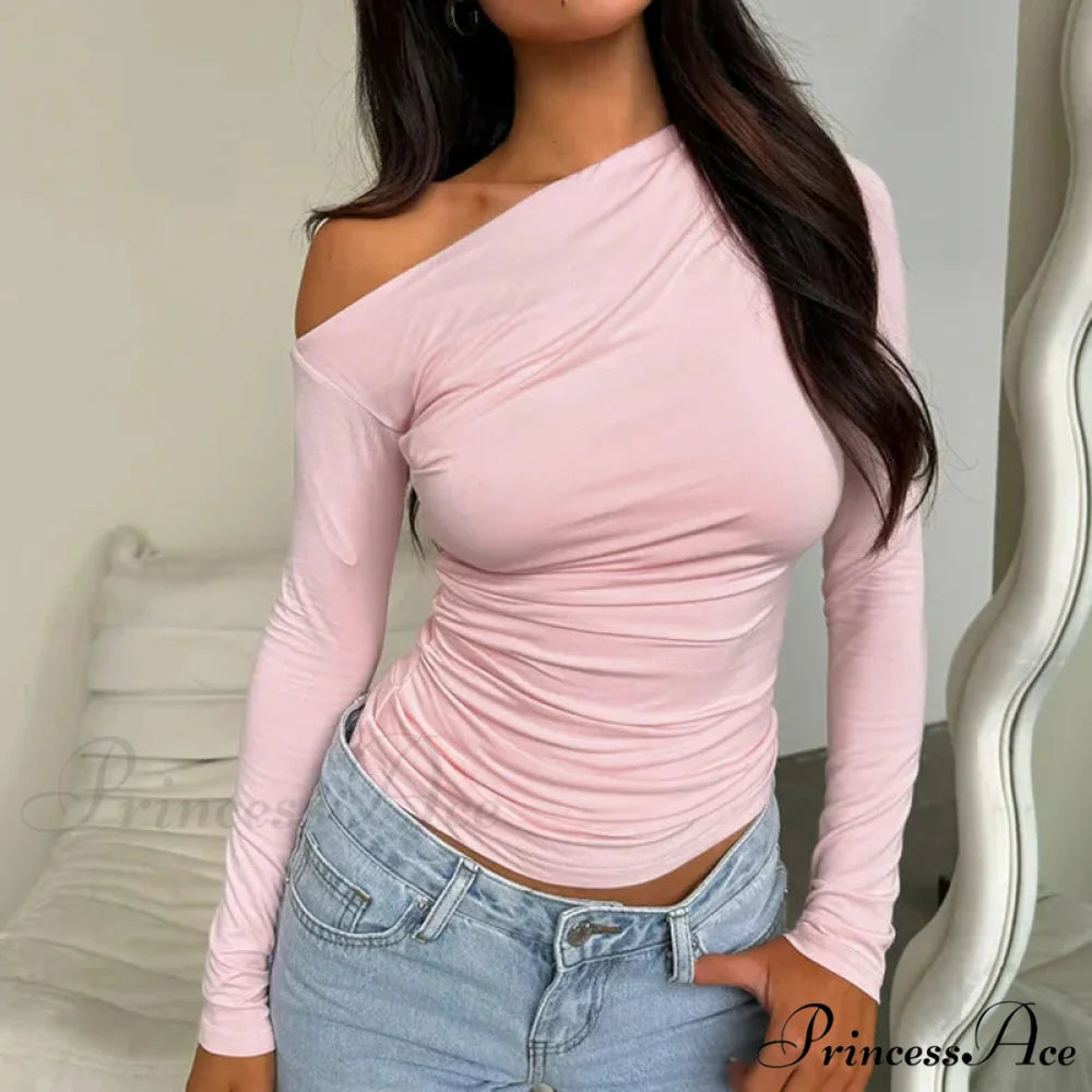 Tailored Style Informal Bateau Neck Off Shoulder Trim Crop Knit Top Pink / S knittop-250126