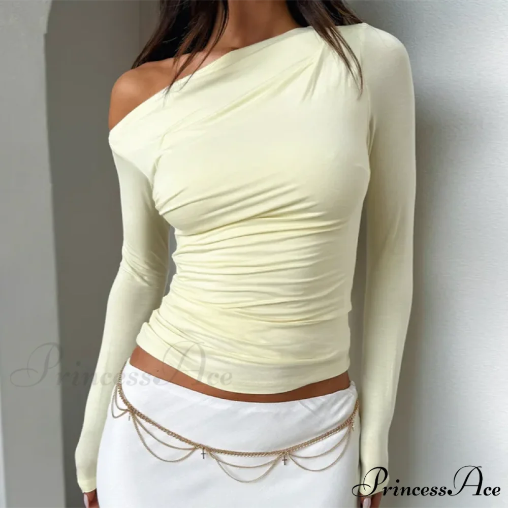 Tailored Style Informal Bateau Neck Off Shoulder Trim Crop Knit Top Yellow / S knittop-250126