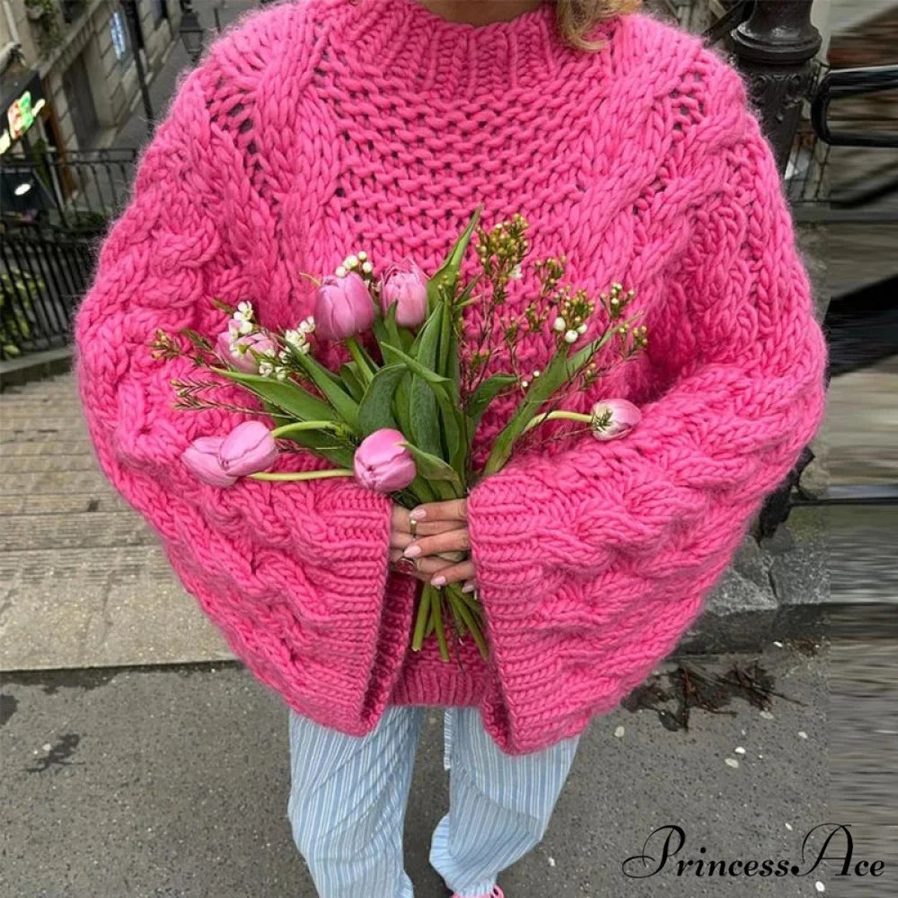 Tall Collar Broad Extended Sleeve Baggy Jumper rose red / S swraters-241228