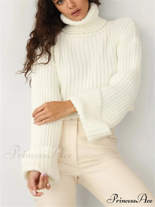 Tall Collar Ribbed Shortened Sweater Beige / S swraters-241228