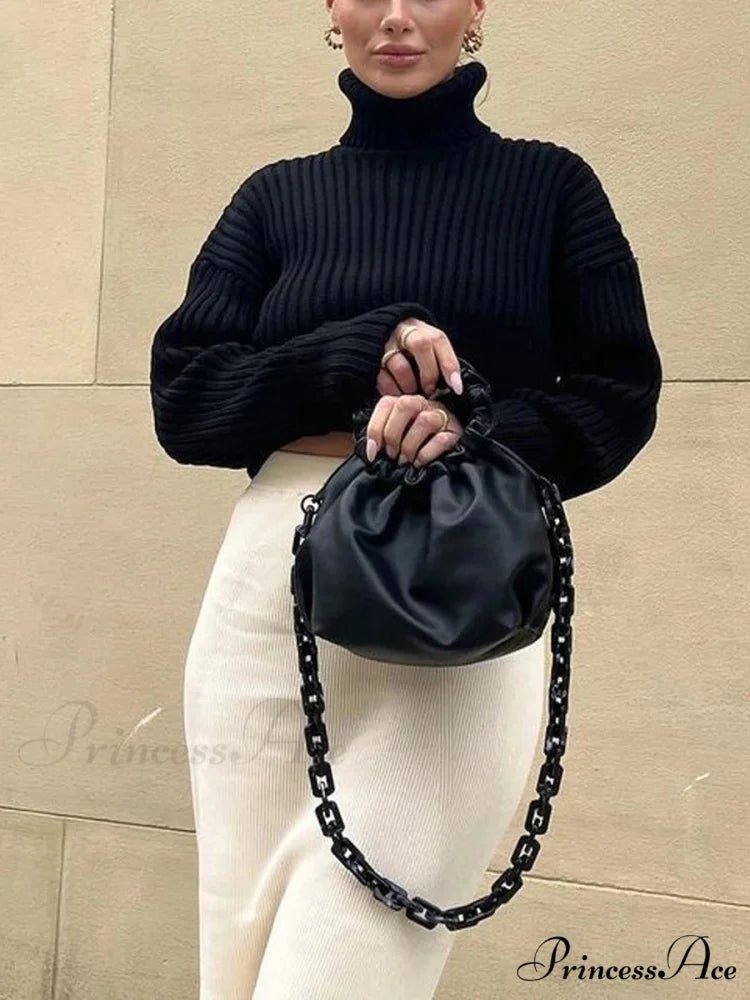 Tall Collar Ribbed Shortened Sweater Black / S swraters-241228