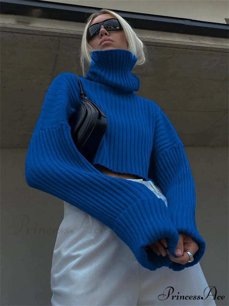 Tall Collar Ribbed Shortened Sweater Blue / S swraters-241228