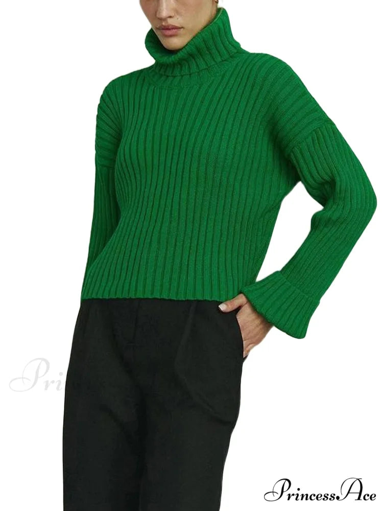 Tall Collar Ribbed Shortened Sweater Green / S swraters-241228