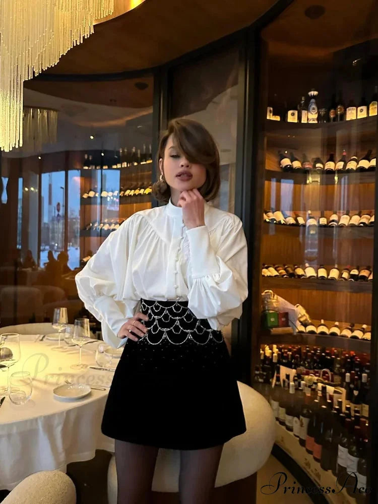 Tall Collar Tuck Puff Sleeve Ivory Blouse blouse-250223