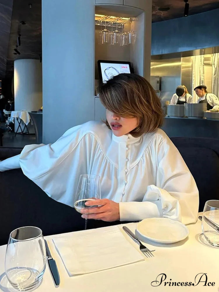 Tall Collar Tuck Puff Sleeve Ivory Blouse blouse-250223