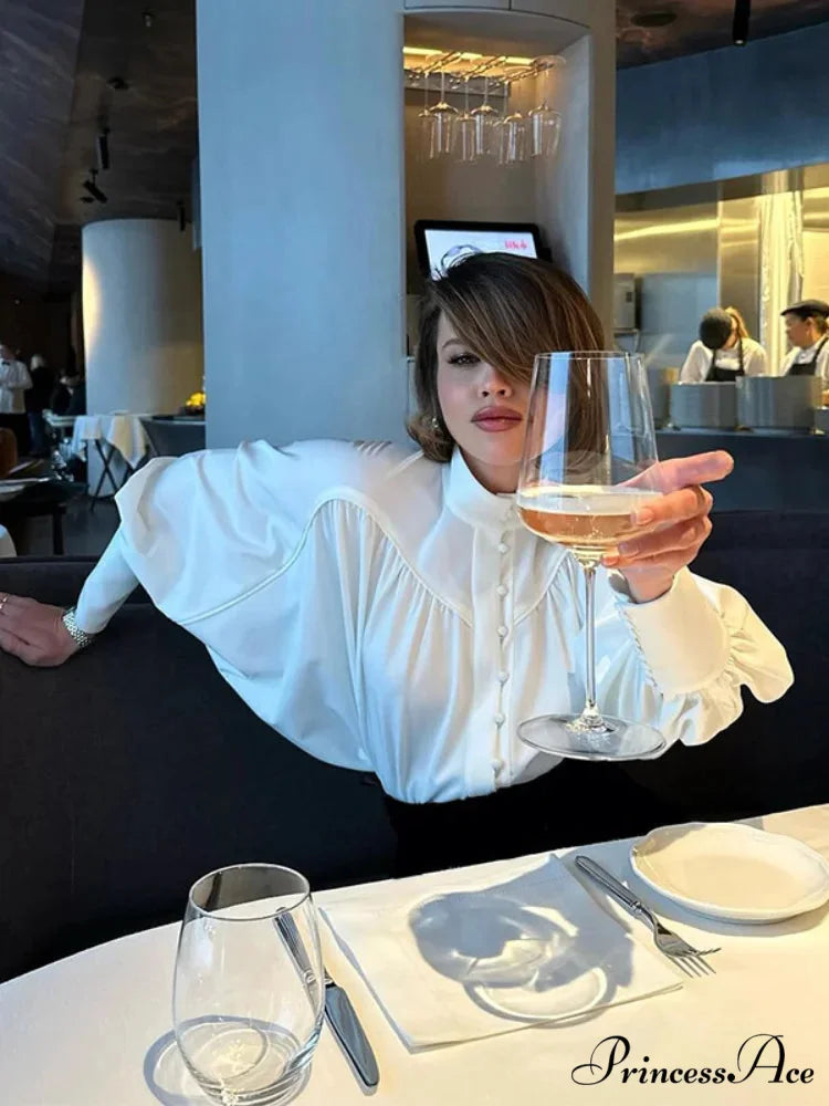 Tall Collar Tuck Puff Sleeve Ivory Blouse blouse-250223