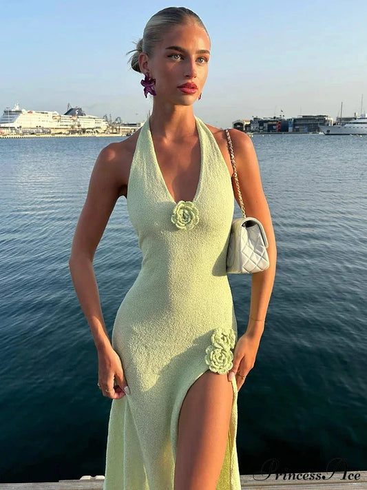 Tall Opening 3D Blooms Halter Getaway Dress vacationdress-250223