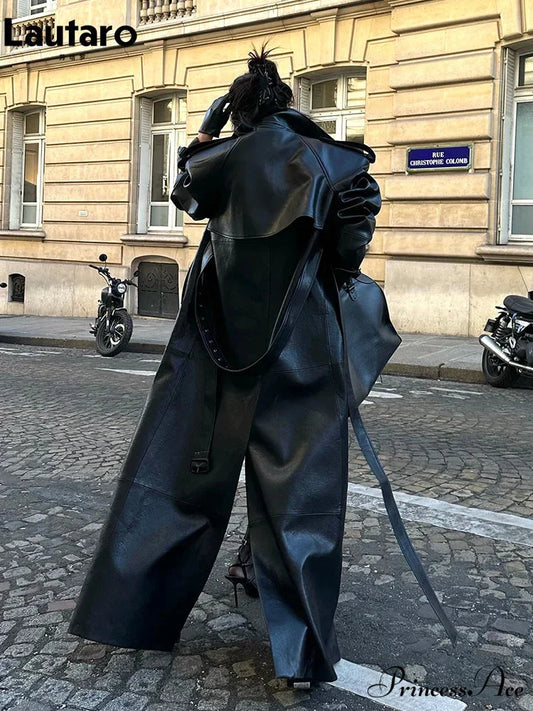 Tall Split Dark Synthetic Leather Overcoat Black / S overcoats-241228