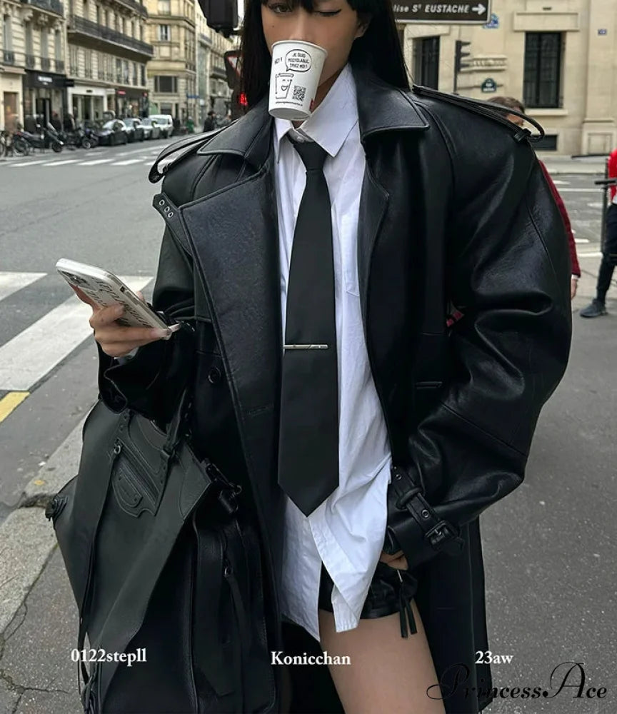 Tall Split Dark Synthetic Leather Overcoat overcoats-241228