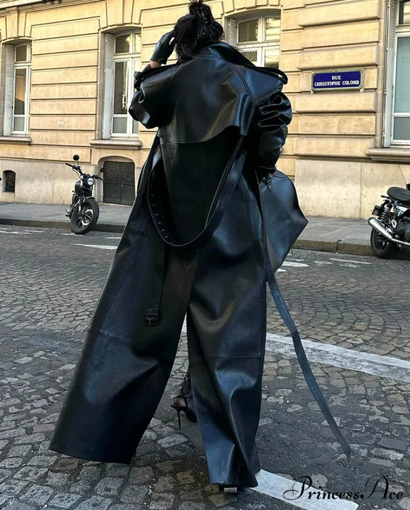 Tall Split Dark Synthetic Leather Overcoat overcoats-241228