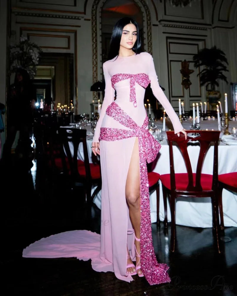 Tall Split Sparkling Mesh Prom Gown pink / S promdress-250223