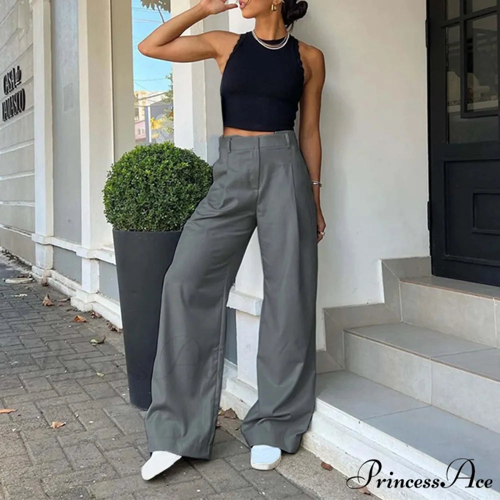 Tall Waist Baggy Fit Cargo Broad Trousers Grey / S pants-241228
