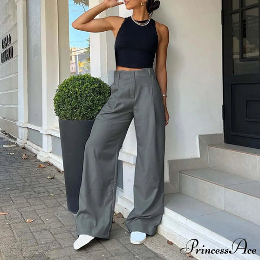 Tall Waist Baggy Fit Cargo Broad Trousers Grey / S pants-241228