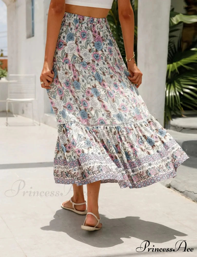 Tall Waist Flowered Shore Skirt A-line Frilled Lace Vacation Maxi skirt-250126