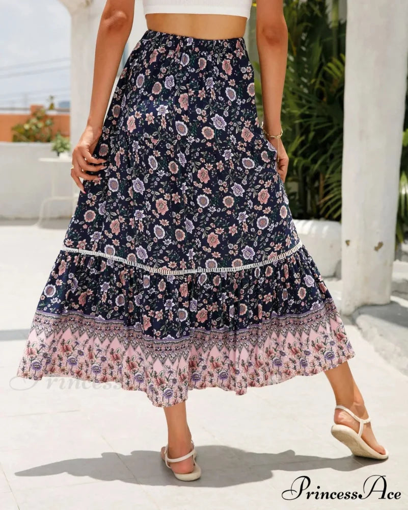 Tall Waist Flowered Shore Skirt A-line Frilled Lace Vacation Maxi skirt-250126