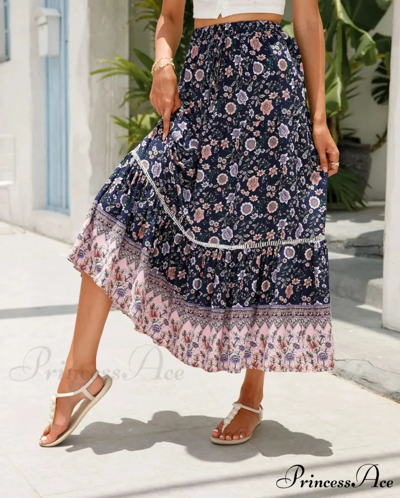 Tall Waist Flowered Shore Skirt A-line Frilled Lace Vacation Maxi skirt-250126