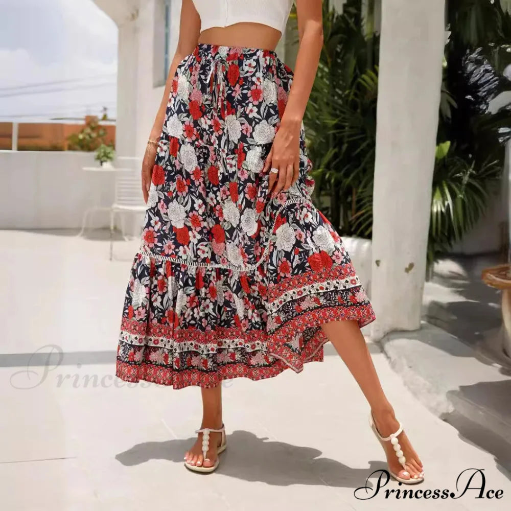 Tall Waist Flowered Shore Skirt A-line Frilled Lace Vacation Maxi skirt-250126