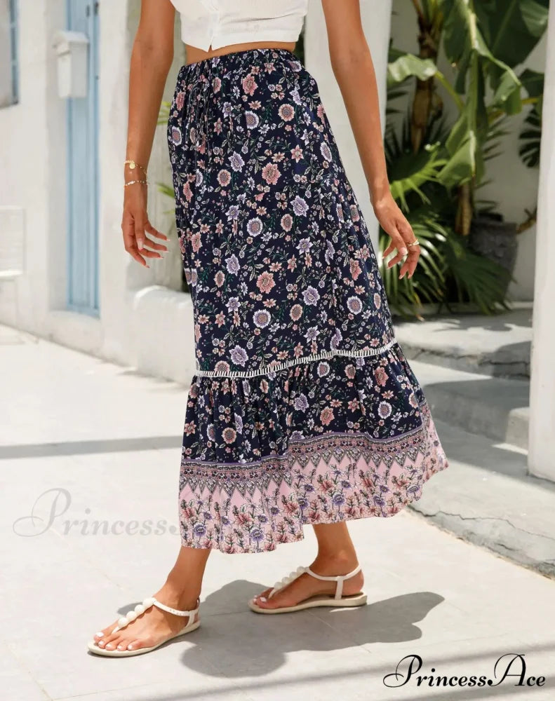 Tall Waist Flowered Shore Skirt A-line Frilled Lace Vacation Maxi Dark Blue / S skirt-250126