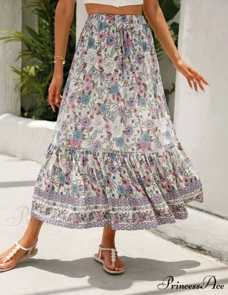 Tall Waist Flowered Shore Skirt A-line Frilled Lace Vacation Maxi Mix / S skirt-250126