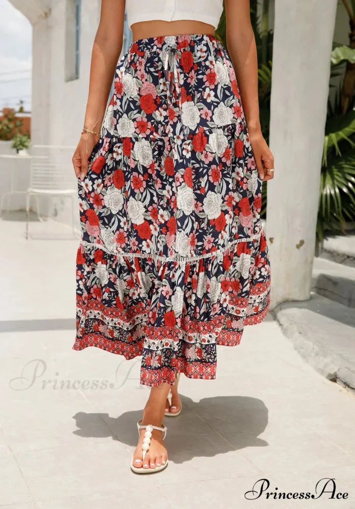 Tall Waist Flowered Shore Skirt A-line Frilled Lace Vacation Maxi Red / S skirt-250126