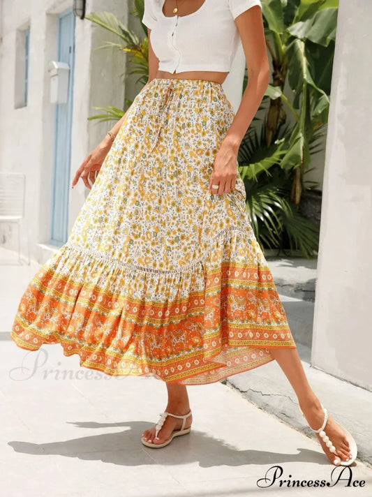 Tall Waist Flowered Shore Skirt A-line Frilled Lace Vacation Maxi Yellow / S skirt-250126