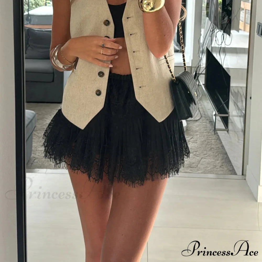 Tall Waist Folded Lace Skirt Black / S skirts-250223