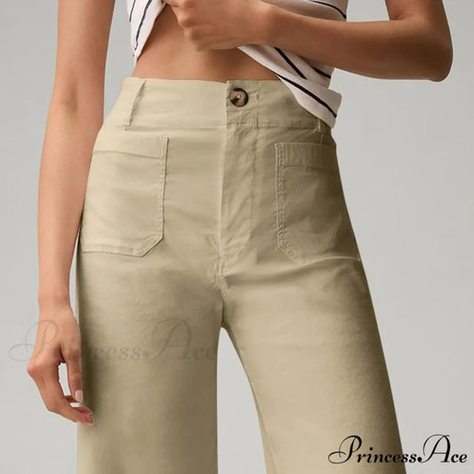 Tall Waist Patch Pocket Straight Trousers Beige / S pants-241228