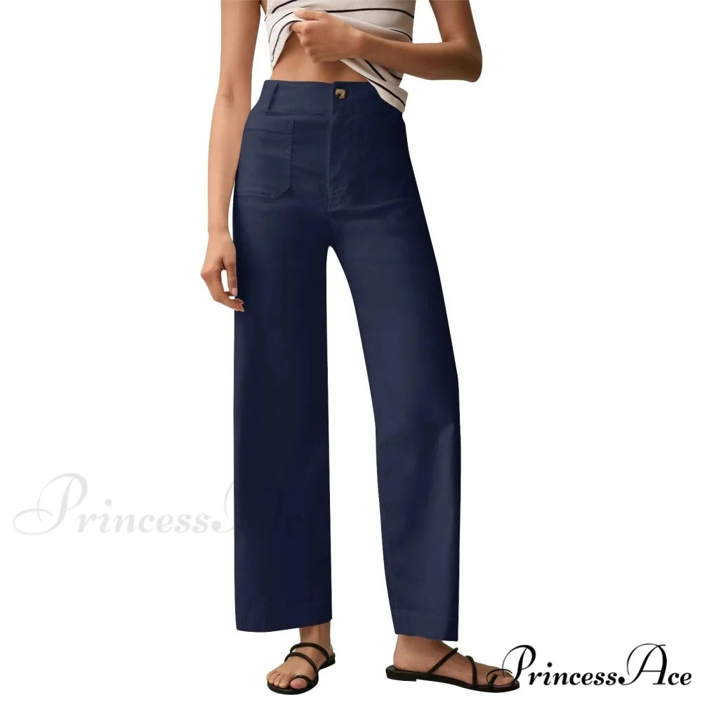 Tall Waist Patch Pocket Straight Trousers Dark Blue / S pants-241228