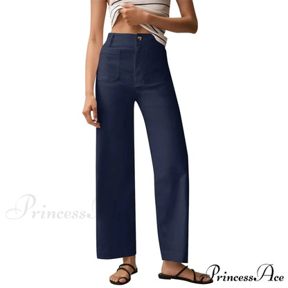 Tall Waist Patch Pocket Straight Trousers Dark Blue / S pants-241228