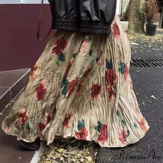 Tall Waist Pink Pendulum Skirt Bohemian Draped Pleated Retro Maxi skirt-250126