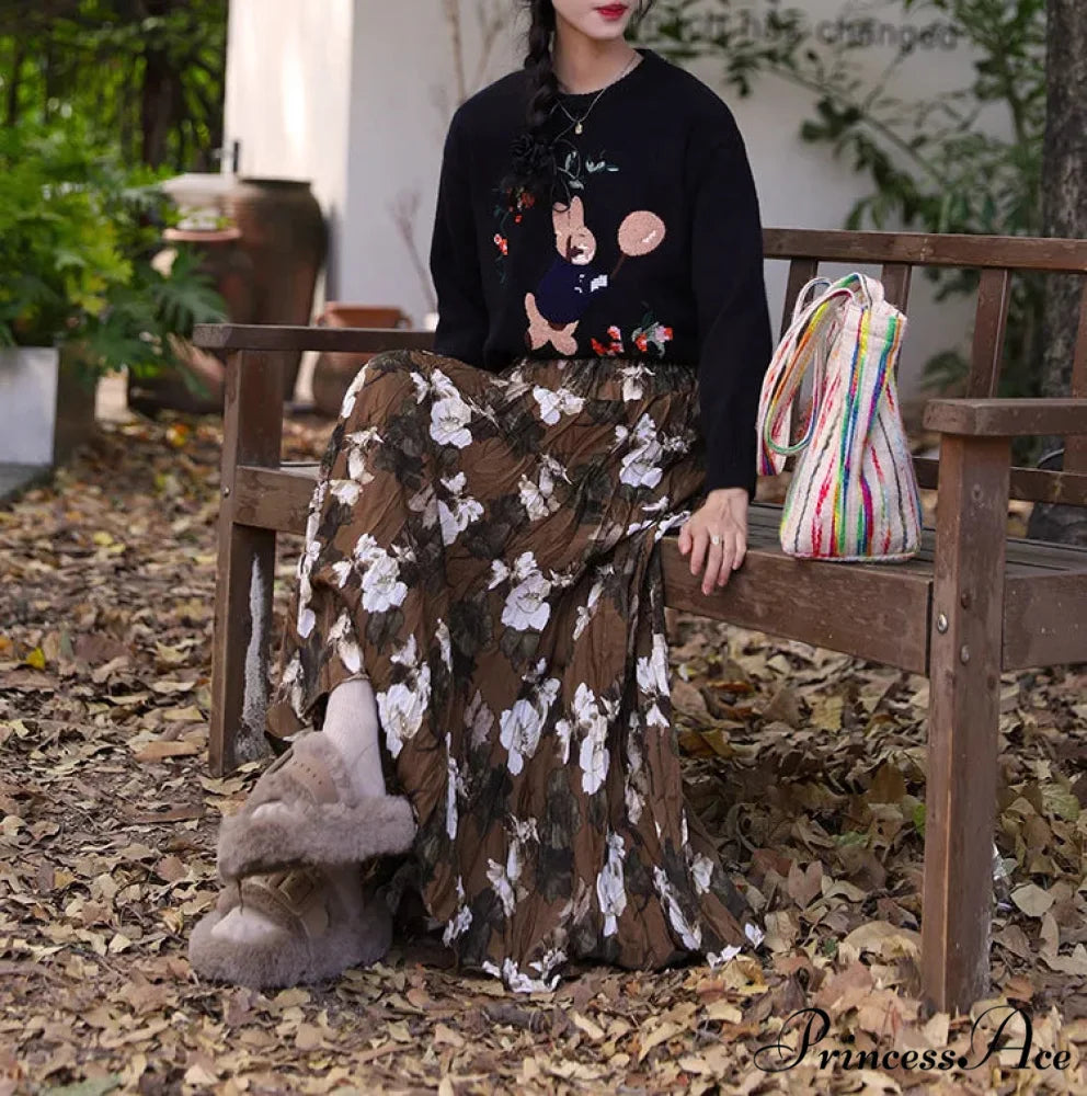 Tall Waist Pink Pendulum Skirt Bohemian Draped Pleated Retro Maxi Brown / One Size skirt-250126