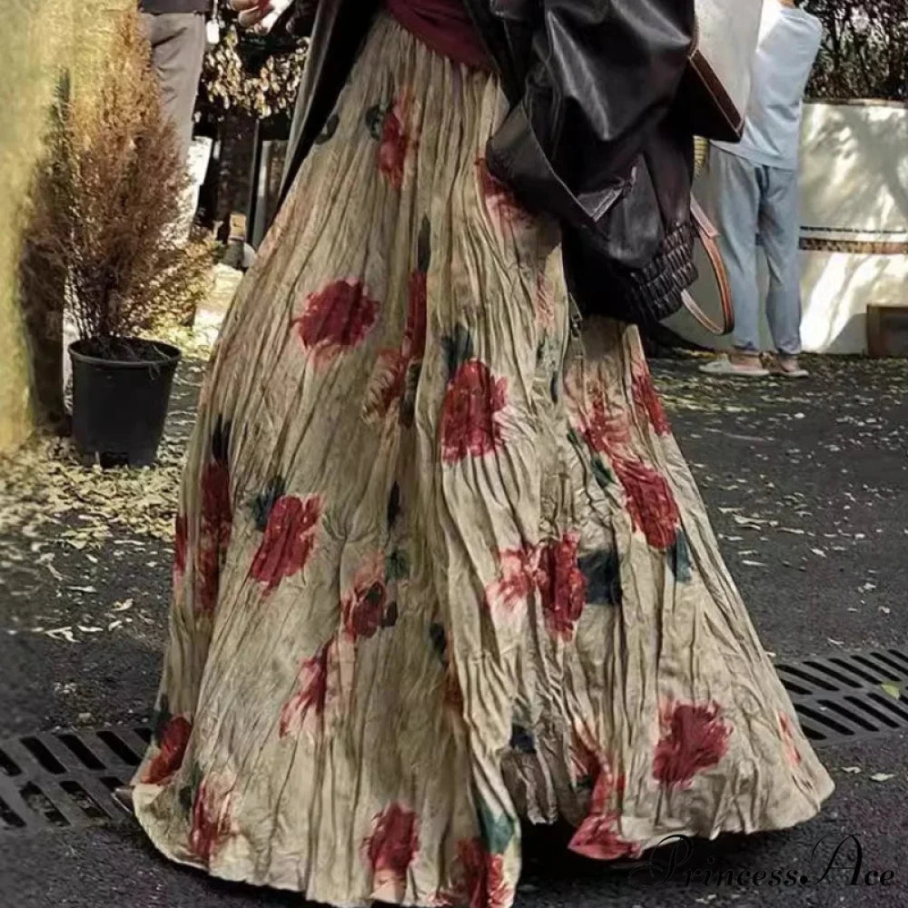 Tall Waist Pink Pendulum Skirt Bohemian Draped Pleated Retro Maxi Vintage Rose / One Size skirt-250126