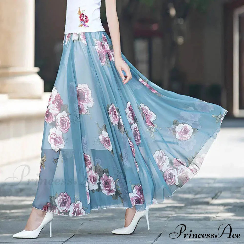 Tall Waist Stretchy Waist Midi Full Long Skirt 2024 Blue Rose / M skirt-250126