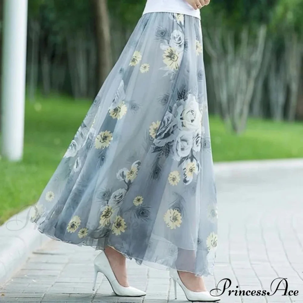 Tall Waist Stretchy Waist Midi Full Long Skirt 2024 Gray Flower / M skirt-250126