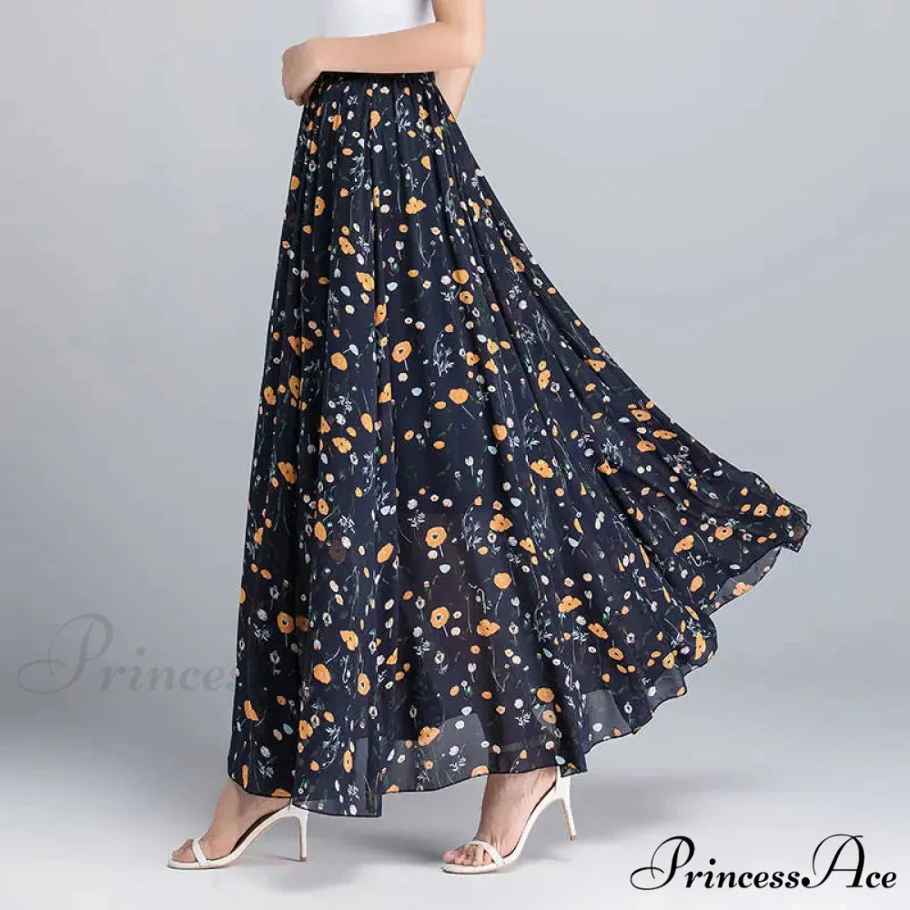 Tall Waist Stretchy Waist Midi Full Long Skirt 2024 Navy Yellow Flower / M skirt-250126