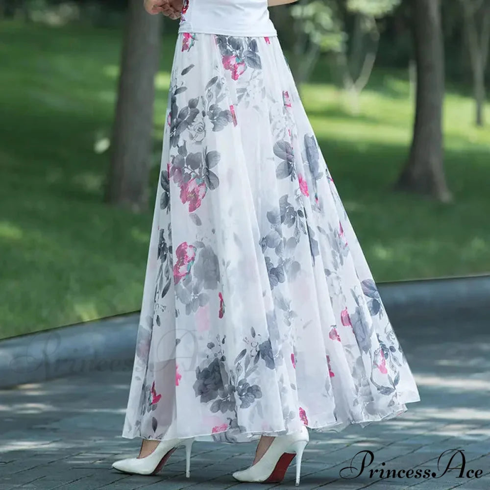 Tall Waist Stretchy Waist Midi Full Long Skirt 2024 White Peony / M skirt-250126